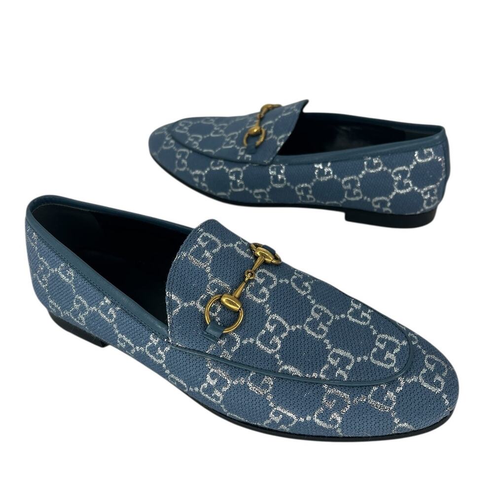 Gucci Horsebit Jordaan Lame Fabric Loafers Blue Silver Size 37.5